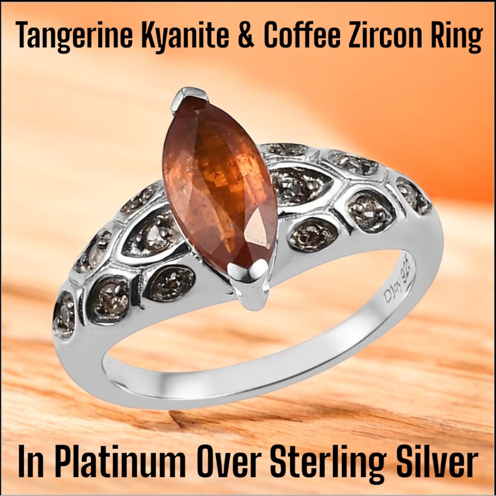 Tangerine Kyanite & Coffee Zircon Ring In Platinum Over Sterling Silver Sz 6.75